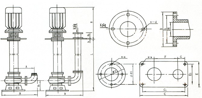 YW型立式無堵塞液下排污泵的安裝尺寸圖